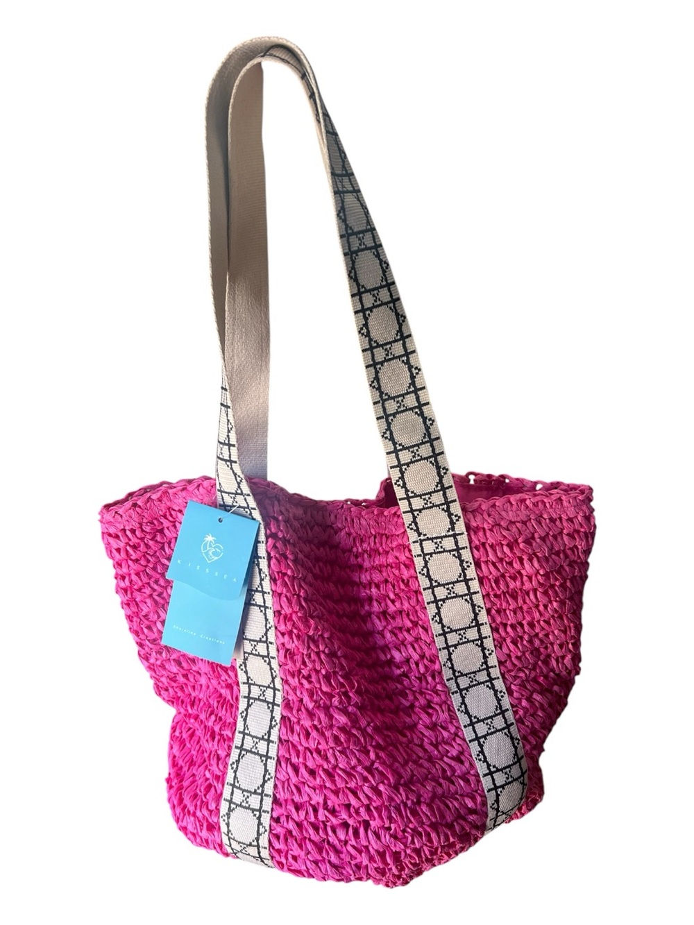 Kiss Sea Pink Woven Beach Tote Bag Raffia Snap Closure NWT